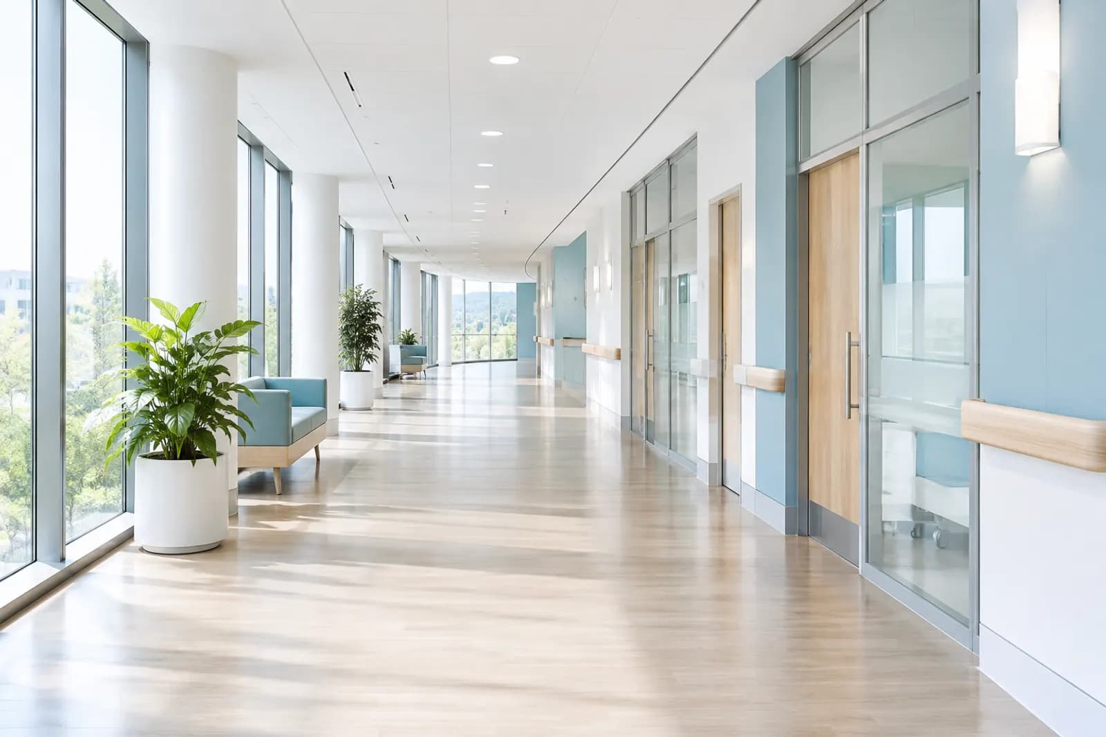A calm, modern hospital corridor