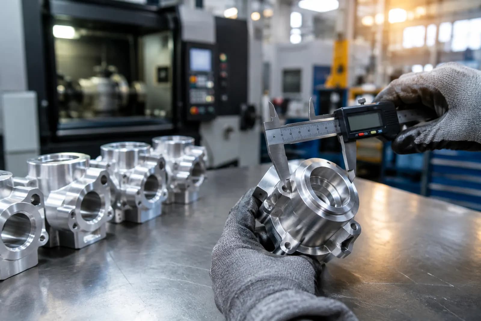 Inspecting precision machined parts with a caliper on a factory floor