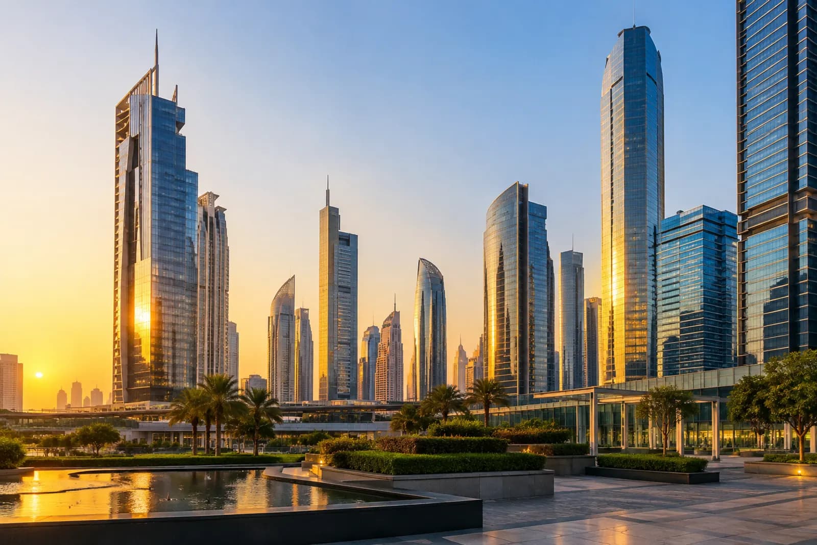 Office towers in Dubai’s business district at golden hour