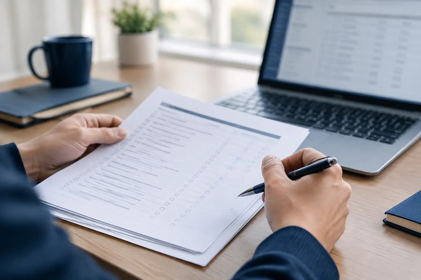 An auditor reviewing printed audit checklists beside a laptop