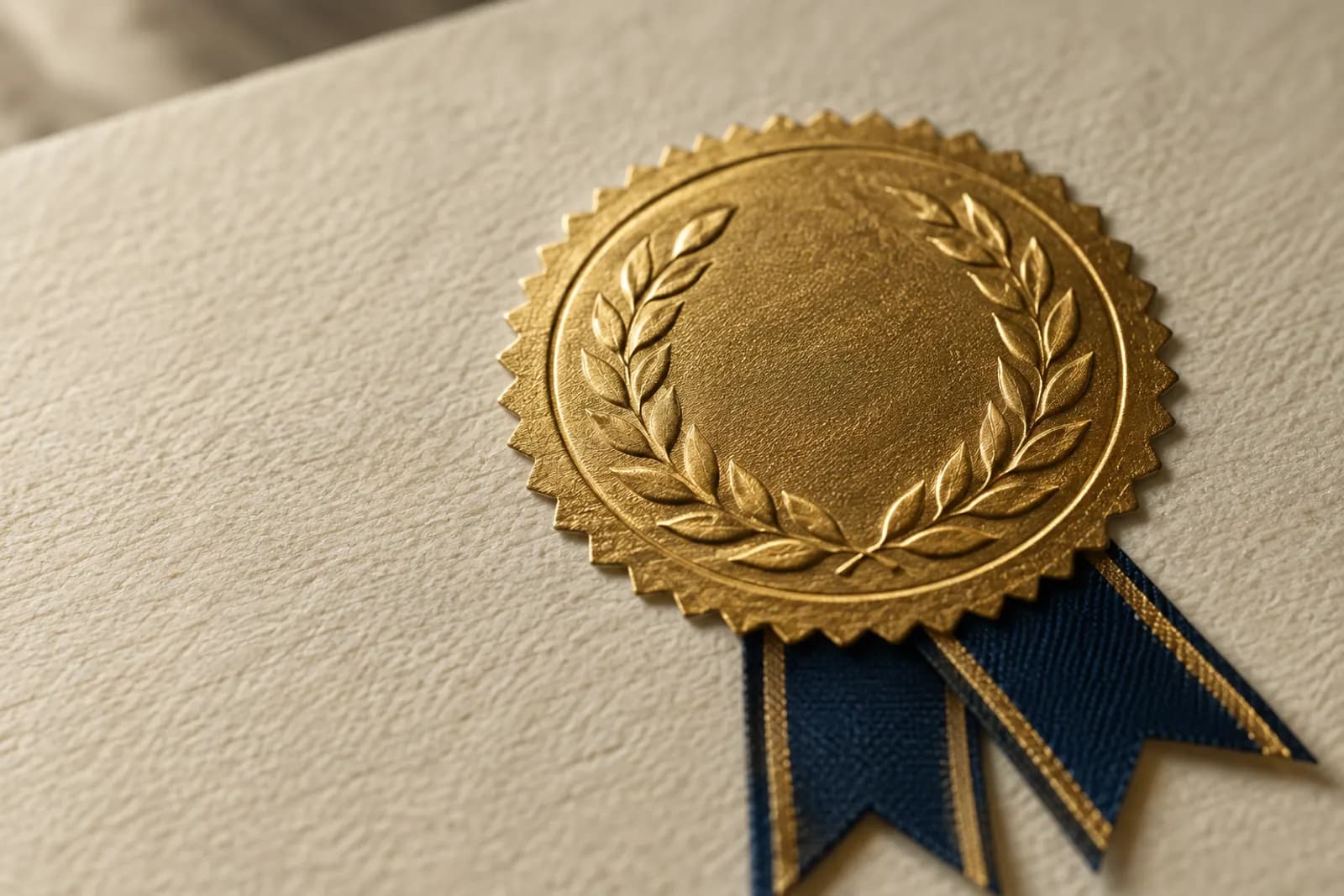 Close-up of an embossed gold seal on heavy paper