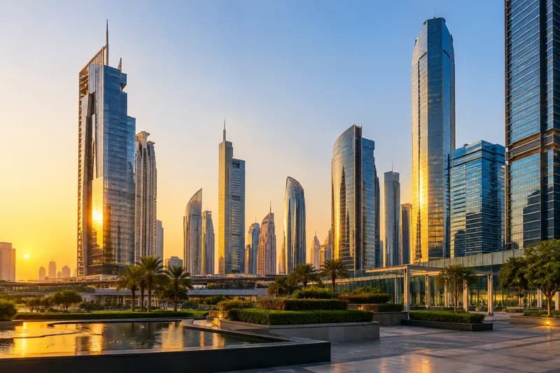 Office towers in Dubai’s business district at golden hour