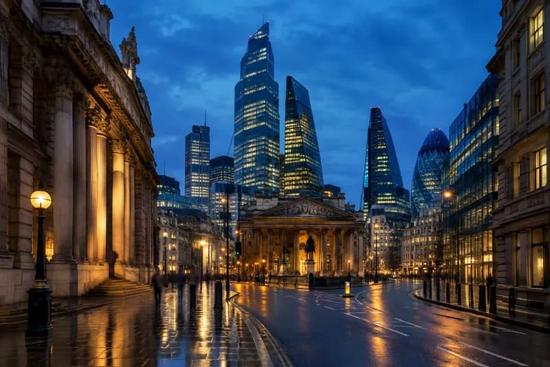 Street in the City of London financial district at dusk