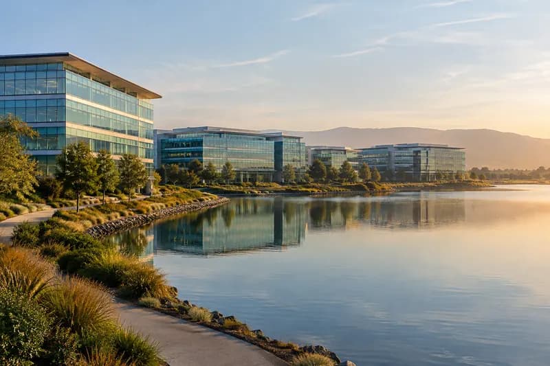 Glass office buildings beside the lagoon at Redwood Shores, California