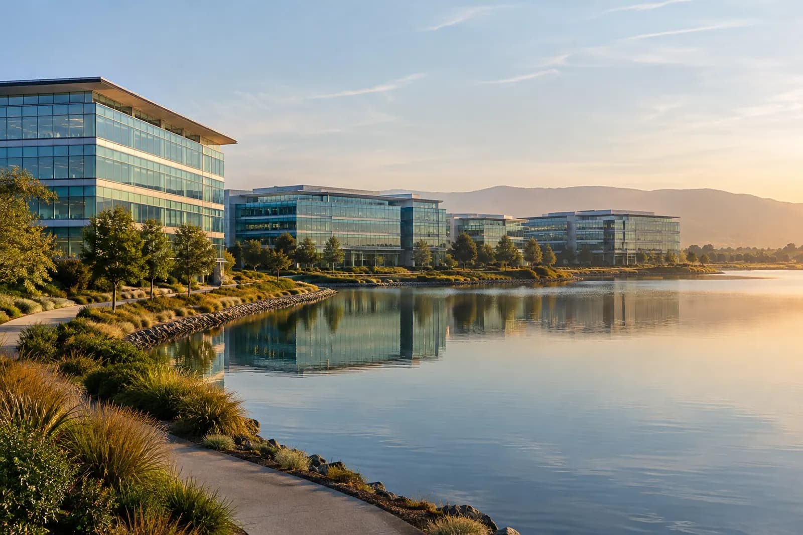Glass office buildings beside the lagoon at Redwood Shores, California